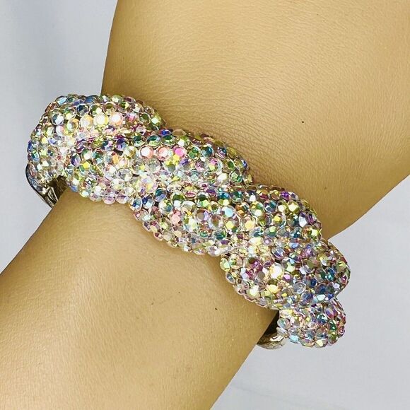 Vintage Aurora Borealis AB Rhinestone Pave Silver Clamper Bracelet Dazzling 4755 - Picture 1 of 14